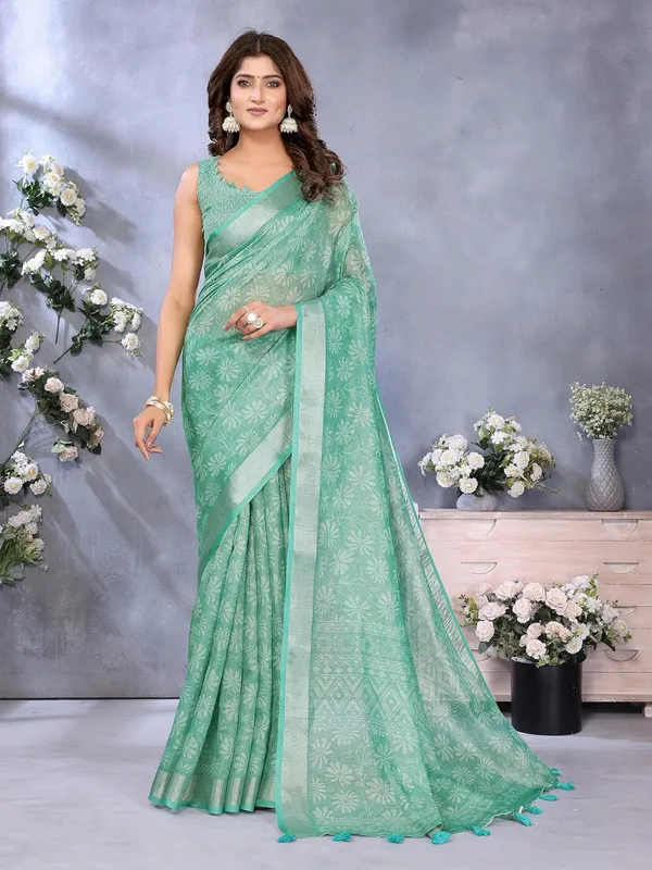 Women's_Linen_Shimmer_Floral_Saree_for_Women_|_Lightweight_Printed_Linen-Shimmer_Sarees_|_For_Traditional,_Festive_&_Wedding_|_5.5m_Saree_+_0.8m_Blouse_(Sea_Green_Woven_Floral)