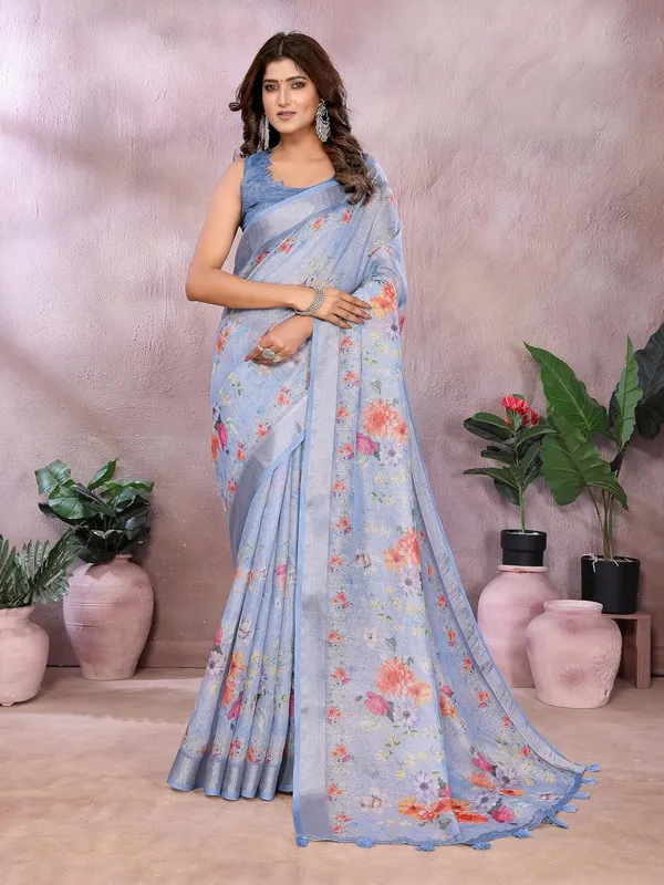 Women's_Linen_Shimmer_Floral_Saree_for_Women_|_Lightweight_Printed_Linen-Shimmer_Sarees_|_For_Traditional,_Festive_&_Wedding_|_5.5m_Saree_+_0.8m_Blouse_(Sky_Blue_Printed_Floral)