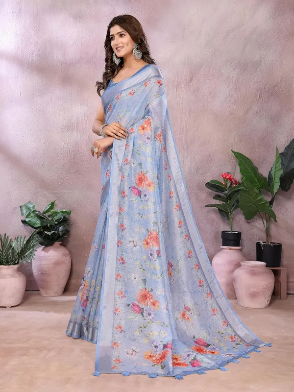 Women's_Linen_Shimmer_Floral_Saree_for_Women_|_Lightweight_Printed_Linen-Shimmer_Sarees_|_For_Traditional,_Festive_&_Wedding_|_5.5m_Saree_+_0.8m_Blouse_(Sky_Blue_Printed_Floral)