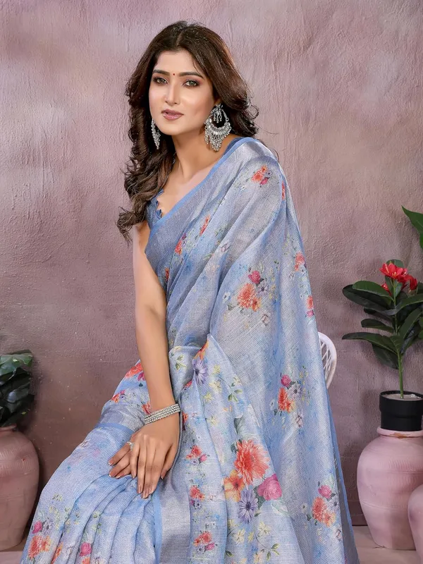 Women's_Linen_Shimmer_Floral_Saree_for_Women_|_Lightweight_Printed_Linen-Shimmer_Sarees_|_For_Traditional,_Festive_&_Wedding_|_5.5m_Saree_+_0.8m_Blouse_(Sky_Blue_Printed_Floral)