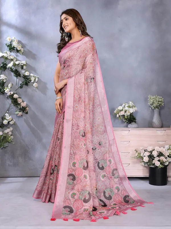 Women's_Linen_Shimmer_Floral_Saree_for_Women_|_Lightweight_Printed_Linen-Shimmer_Sarees_|_For_Traditional,_Festive_&_Wedding_|_5.5m_Saree_+_0.8m_Blouse_(Rose_Pink_Ethnic)