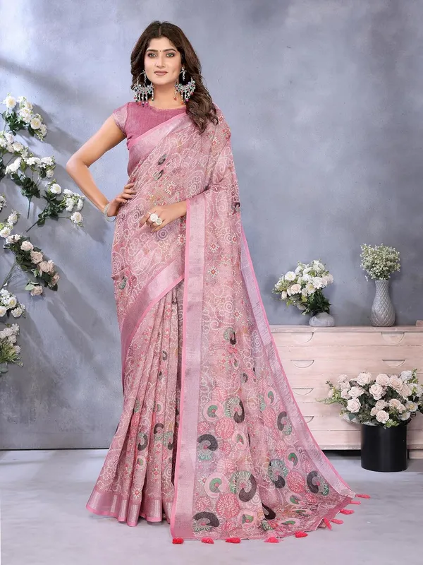 Women's_Linen_Shimmer_Floral_Saree_for_Women_|_Lightweight_Printed_Linen-Shimmer_Sarees_|_For_Traditional,_Festive_&_Wedding_|_5.5m_Saree_+_0.8m_Blouse_(Rose_Pink_Ethnic)
