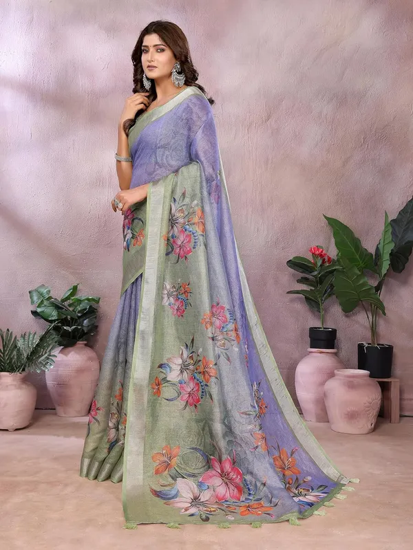 Women's_Linen_Shimmer_Floral_Saree_for_Women_|_Lightweight_Printed_Linen-Shimmer_Sarees_|_For_Traditional,_Festive_&_Wedding_|_5.5m_Saree_+_0.8m_Blouse_(Lavender_&_Green_Floral)