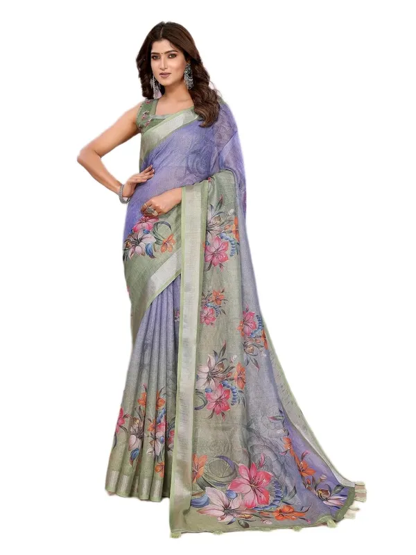 Women's_Linen_Shimmer_Floral_Saree_for_Women_|_Lightweight_Printed_Linen-Shimmer_Sarees_|_For_Traditional,_Festive_&_Wedding_|_5.5m_Saree_+_0.8m_Blouse_(Lavender_&_Green_Floral)