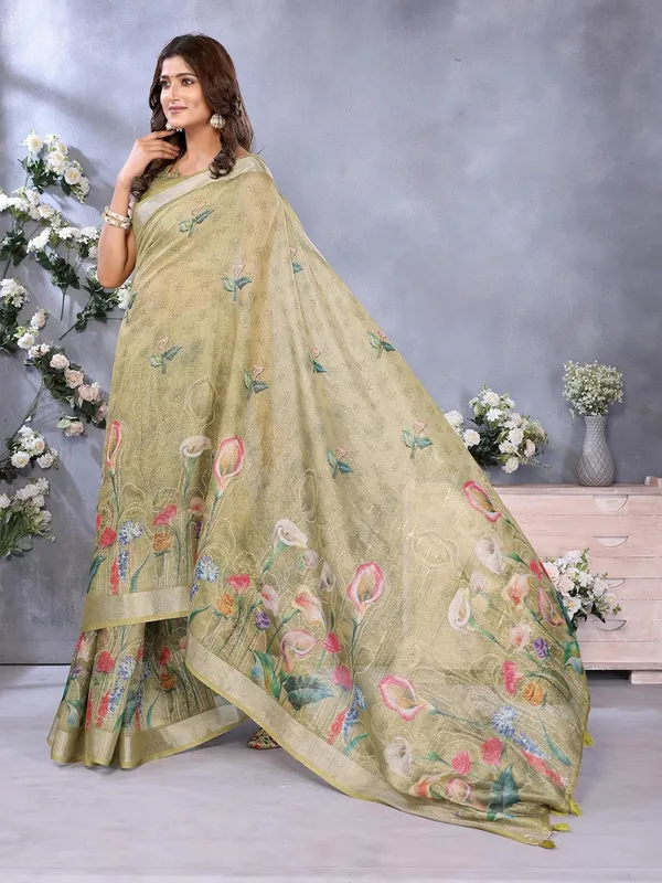 Women's_Linen_Shimmer_Floral_Saree_for_Women_|_Lightweight_Printed_Linen-Shimmer_Sarees_|_For_Traditional,_Festive_&_Wedding_|_5.5m_Saree_+_0.8m_Blouse_(Olive_Green_Floral)
