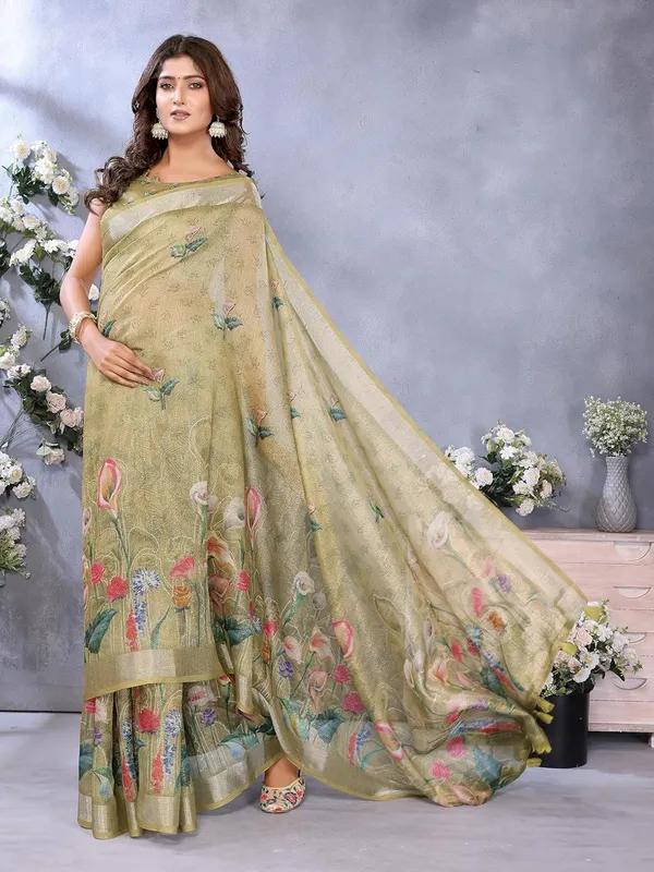 Women's_Linen_Shimmer_Floral_Saree_for_Women_|_Lightweight_Printed_Linen-Shimmer_Sarees_|_For_Traditional,_Festive_&_Wedding_|_5.5m_Saree_+_0.8m_Blouse_(Olive_Green_Floral)