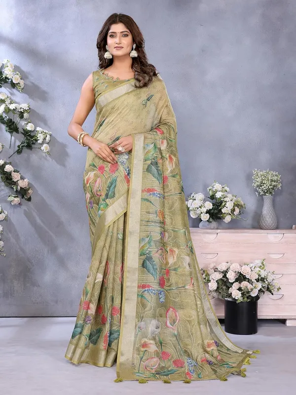 Women's_Linen_Shimmer_Floral_Saree_for_Women_|_Lightweight_Printed_Linen-Shimmer_Sarees_|_For_Traditional,_Festive_&_Wedding_|_5.5m_Saree_+_0.8m_Blouse_(Olive_Green_Floral)