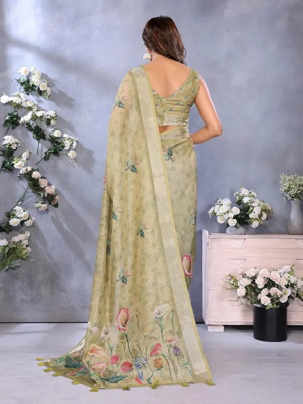 Women's_Linen_Shimmer_Floral_Saree_for_Women_|_Lightweight_Printed_Linen-Shimmer_Sarees_|_For_Traditional,_Festive_&_Wedding_|_5.5m_Saree_+_0.8m_Blouse_(Olive_Green_Floral)
