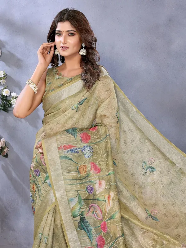 Women's_Linen_Shimmer_Floral_Saree_for_Women_|_Lightweight_Printed_Linen-Shimmer_Sarees_|_For_Traditional,_Festive_&_Wedding_|_5.5m_Saree_+_0.8m_Blouse_(Olive_Green_Floral)