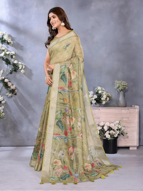Women's_Linen_Shimmer_Floral_Saree_for_Women_|_Lightweight_Printed_Linen-Shimmer_Sarees_|_For_Traditional,_Festive_&_Wedding_|_5.5m_Saree_+_0.8m_Blouse_(Olive_Green_Floral)