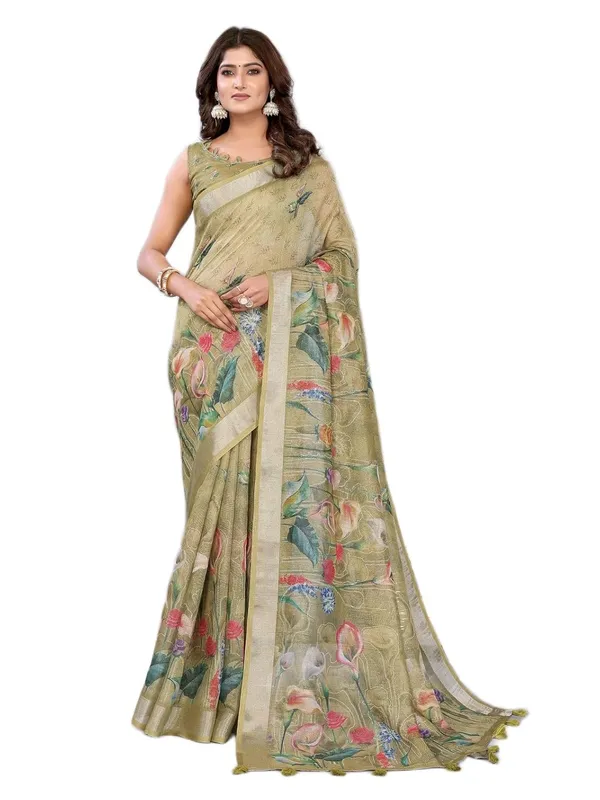 Women's_Linen_Shimmer_Floral_Saree_for_Women_|_Lightweight_Printed_Linen-Shimmer_Sarees_|_For_Traditional,_Festive_&_Wedding_|_5.5m_Saree_+_0.8m_Blouse_(Olive_Green_Floral)
