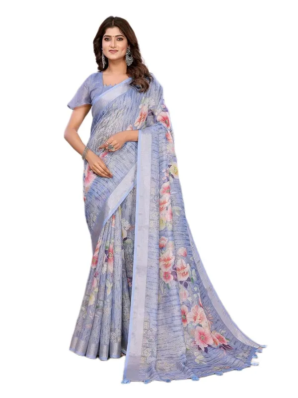 Women's_Linen_Shimmer_Floral_Saree_for_Women_|_Lightweight_Printed_Linen-Shimmer_Sarees_|_For_Traditional,_Festive_&_Wedding_|_5.5m_Saree_+_0.8m_Blouse_(Sky_Blue_Floral_Weave)