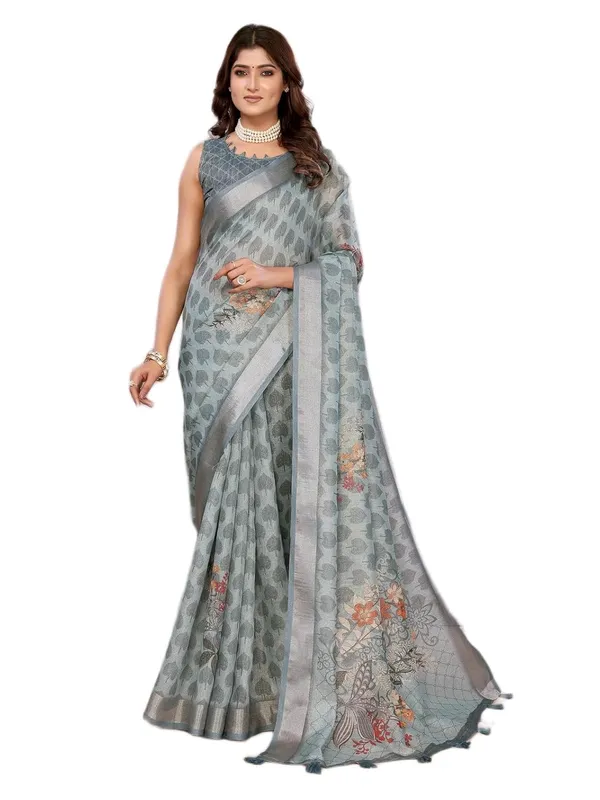 Women's_Linen_Shimmer_Floral_Saree_for_Women_|_Lightweight_Printed_Linen-Shimmer_Sarees_|_For_Traditional,_Festive_&_Wedding_|_5.5m_Saree_+_0.8m_Blouse_(Greyish_Blue_Woven_Floral)
