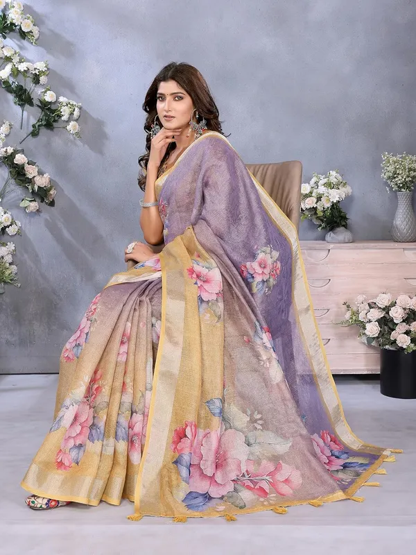 Women's_Linen_Shimmer_Floral_Saree_for_Women_|_Lightweight_Printed_Linen-Shimmer_Sarees_|_For_Traditional,_Festive_&_Wedding_|_5.5m_Saree_+_0.8m_Blouse_(Lavender_&_Yellow_Floral)