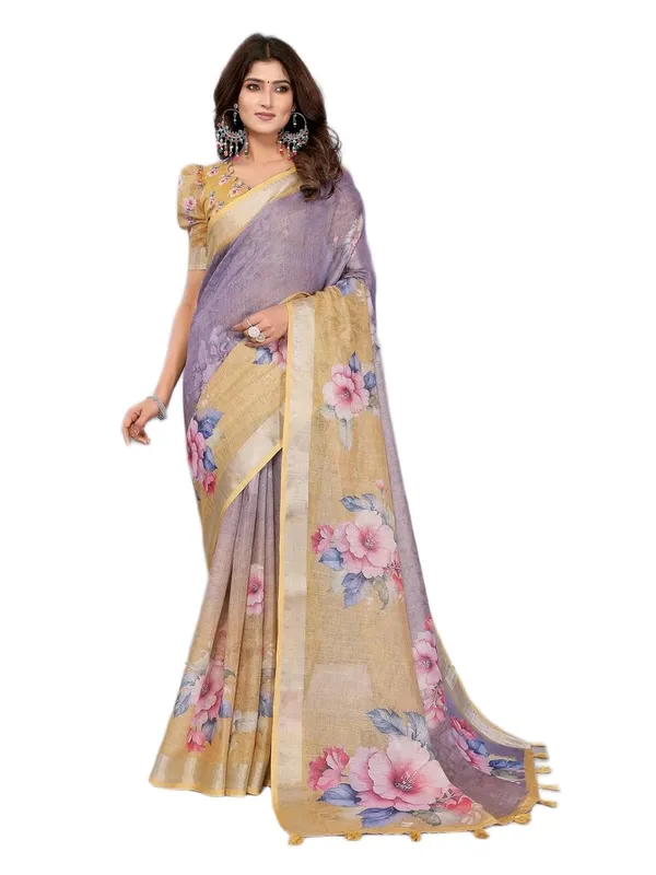 Women's_Linen_Shimmer_Floral_Saree_for_Women_|_Lightweight_Printed_Linen-Shimmer_Sarees_|_For_Traditional,_Festive_&_Wedding_|_5.5m_Saree_+_0.8m_Blouse_(Lavender_&_Yellow_Floral)