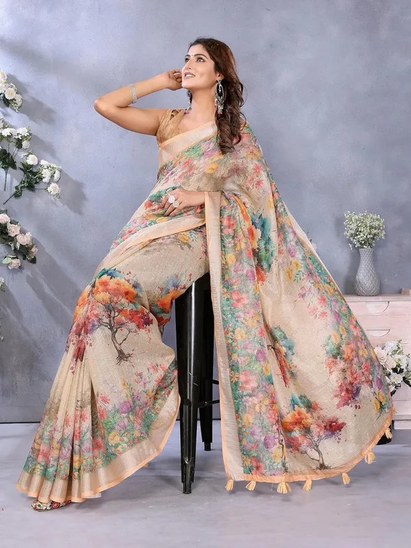 Women's_Linen_Shimmer_Floral_Saree_for_Women_|_Lightweight_Printed_Linen-Shimmer_Sarees_|_For_Traditional,_Festive_&_Wedding_|_5.5m_Saree_+_0.8m_Blouse_(Beige_Multicolor_Floral)
