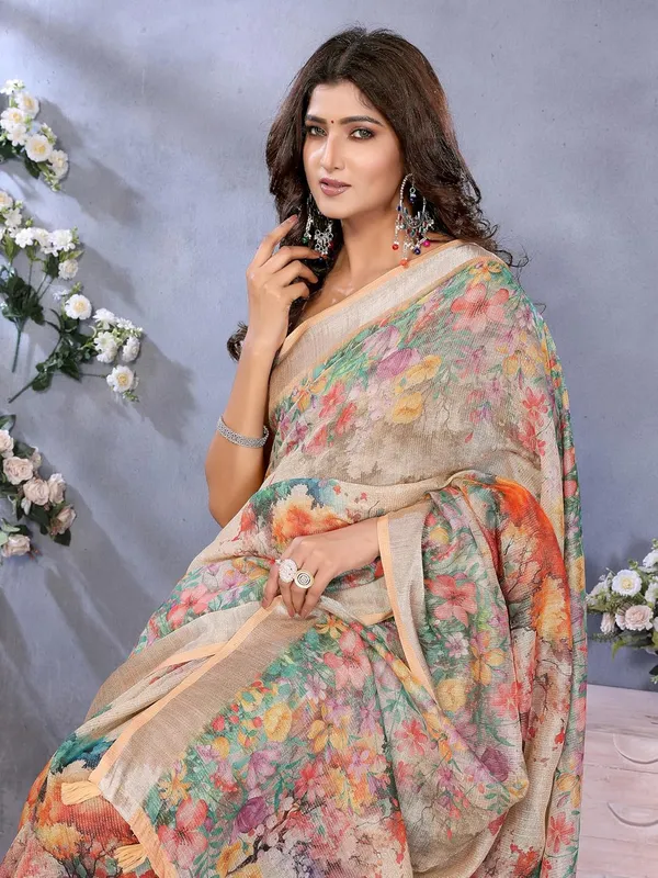 Women's_Linen_Shimmer_Floral_Saree_for_Women_|_Lightweight_Printed_Linen-Shimmer_Sarees_|_For_Traditional,_Festive_&_Wedding_|_5.5m_Saree_+_0.8m_Blouse_(Beige_Multicolor_Floral)