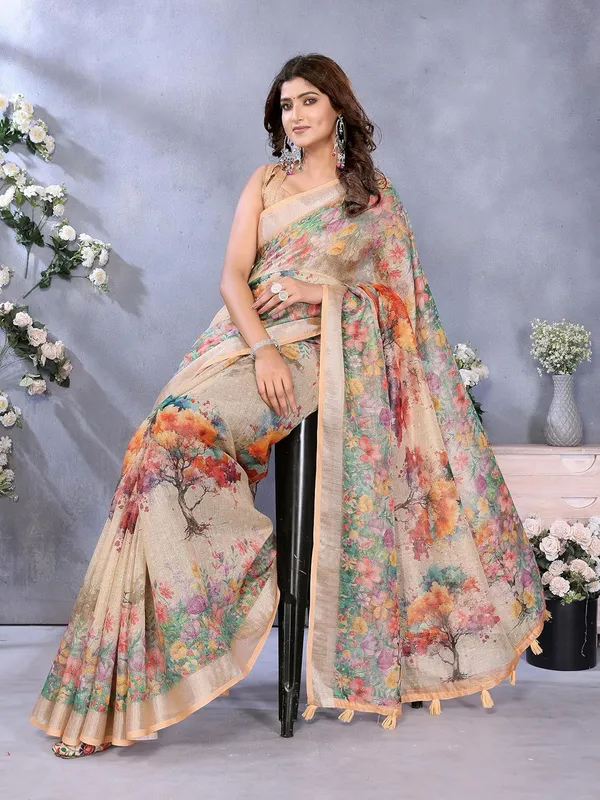 Women's_Linen_Shimmer_Floral_Saree_for_Women_|_Lightweight_Printed_Linen-Shimmer_Sarees_|_For_Traditional,_Festive_&_Wedding_|_5.5m_Saree_+_0.8m_Blouse_(Beige_Multicolor_Floral)