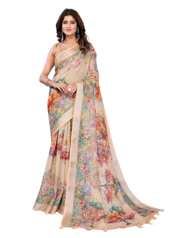 Women's_Linen_Shimmer_Floral_Saree_for_Women_|_Lightweight_Printed_Linen-Shimmer_Sarees_|_For_Traditional,_Festive_&_Wedding_|_5.5m_Saree_+_0.8m_Blouse_(Beige_Multicolor_Floral)