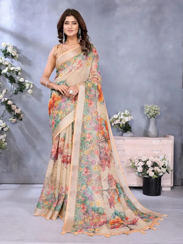 Women's_Linen_Shimmer_Floral_Saree_for_Women_|_Lightweight_Printed_Linen-Shimmer_Sarees_|_For_Traditional,_Festive_&_Wedding_|_5.5m_Saree_+_0.8m_Blouse_(Beige_Multicolor_Floral)