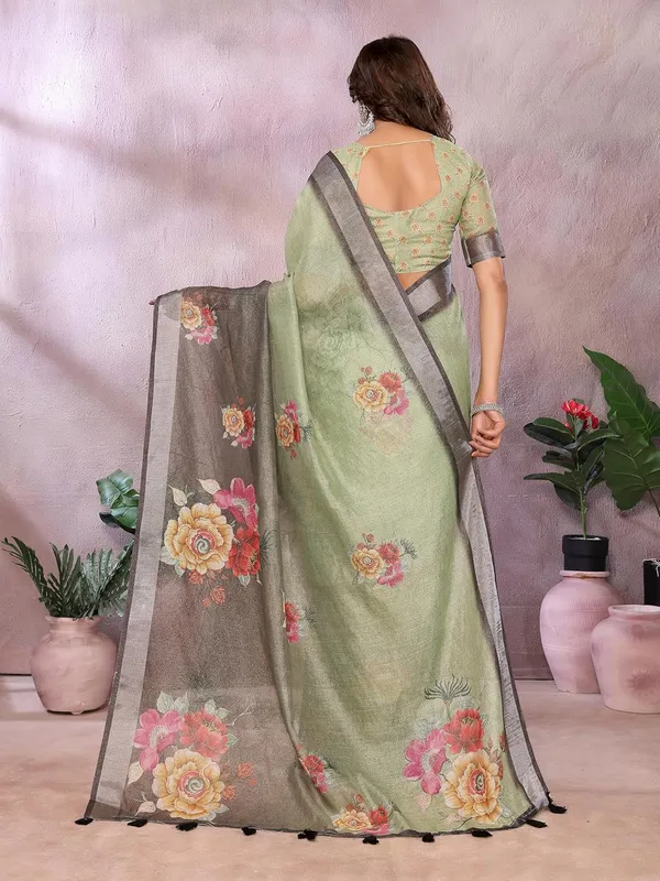 Women's_Linen_Shimmer_Floral_Saree_for_Women_|_Lightweight_Printed_Linen-Shimmer_Sarees_|_For_Traditional,_Festive_&_Wedding_|_5.5m_Saree_+_0.8m_Blouse_(Olive_Green_&_Black_Floral)