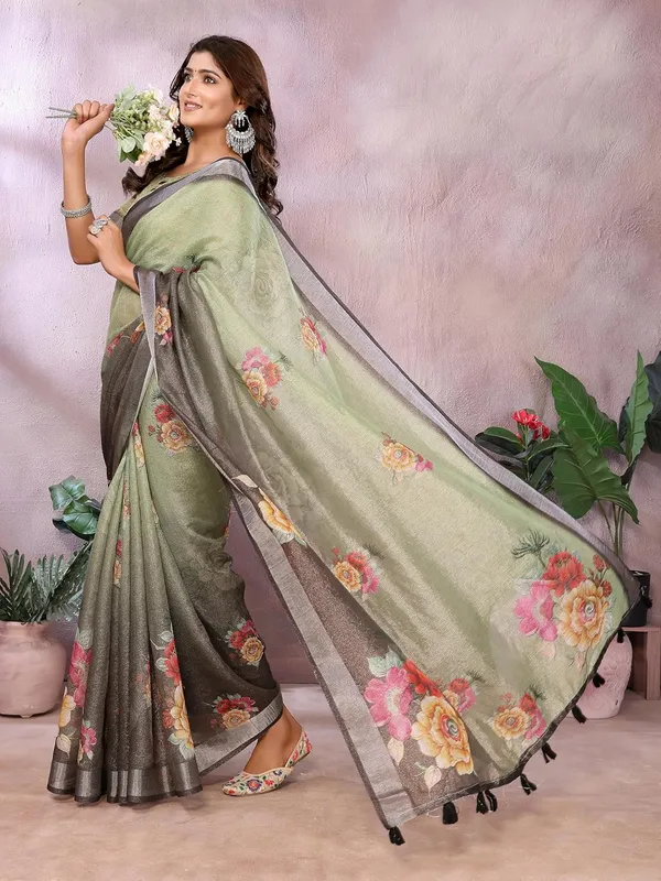 Women's_Linen_Shimmer_Floral_Saree_for_Women_|_Lightweight_Printed_Linen-Shimmer_Sarees_|_For_Traditional,_Festive_&_Wedding_|_5.5m_Saree_+_0.8m_Blouse_(Olive_Green_&_Black_Floral)