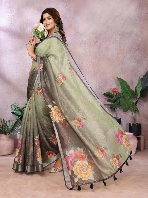 Women's_Linen_Shimmer_Floral_Saree_for_Women_|_Lightweight_Printed_Linen-Shimmer_Sarees_|_For_Traditional,_Festive_&_Wedding_|_5.5m_Saree_+_0.8m_Blouse_(Olive_Green_&_Black_Floral)