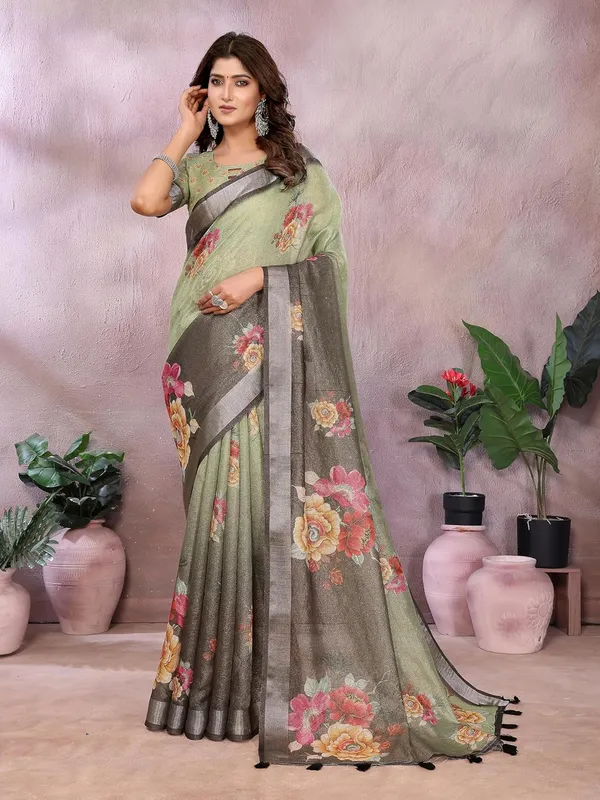 Women's_Linen_Shimmer_Floral_Saree_for_Women_|_Lightweight_Printed_Linen-Shimmer_Sarees_|_For_Traditional,_Festive_&_Wedding_|_5.5m_Saree_+_0.8m_Blouse_(Olive_Green_&_Black_Floral)