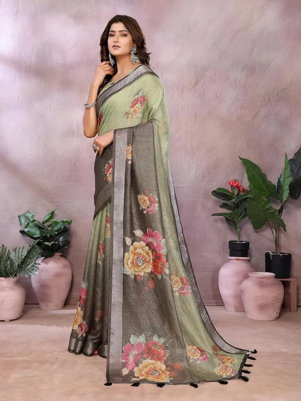 Women's_Linen_Shimmer_Floral_Saree_for_Women_|_Lightweight_Printed_Linen-Shimmer_Sarees_|_For_Traditional,_Festive_&_Wedding_|_5.5m_Saree_+_0.8m_Blouse_(Olive_Green_&_Black_Floral)