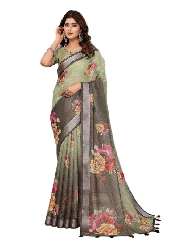 Women's_Linen_Shimmer_Floral_Saree_for_Women_|_Lightweight_Printed_Linen-Shimmer_Sarees_|_For_Traditional,_Festive_&_Wedding_|_5.5m_Saree_+_0.8m_Blouse_(Olive_Green_&_Black_Floral)