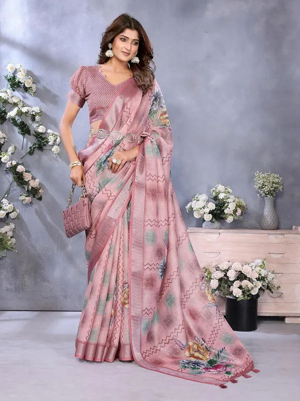 Women's_Linen_Shimmer_Floral_Saree_for_Women_|_Lightweight_Printed_Linen-Shimmer_Sarees_|_For_Traditional,_Festive_&_Wedding_|_5.5m_Saree_+_0.8m_Blouse_(Pink_Multicolor_Floral)