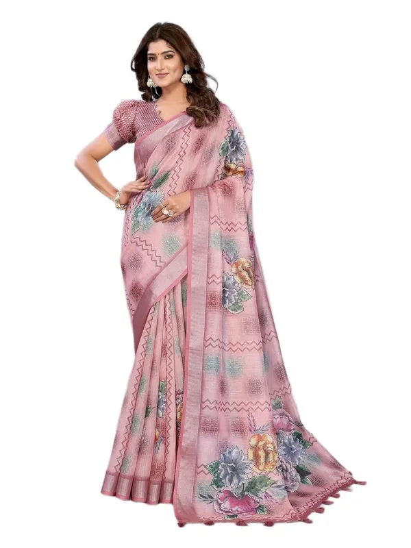 Women's_Linen_Shimmer_Floral_Saree_for_Women_|_Lightweight_Printed_Linen-Shimmer_Sarees_|_For_Traditional,_Festive_&_Wedding_|_5.5m_Saree_+_0.8m_Blouse_(Pink_Multicolor_Floral)