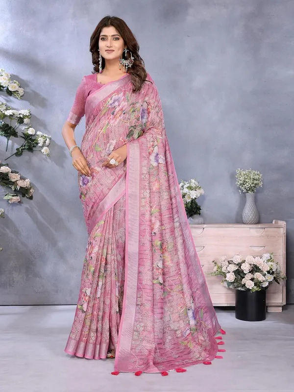 Women's_Linen_Shimmer_Floral_Saree_for_Women_|_Lightweight_Printed_Linen-Shimmer_Sarees_|_For_Traditional,_Festive_&_Wedding_|_5.5m_Saree_+_0.8m_Blouse_(Light_Pink_Floral)