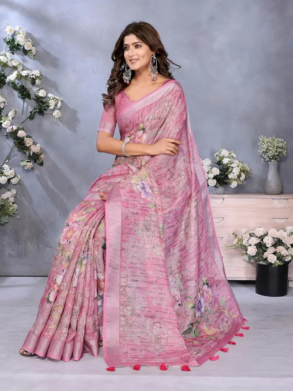 Women's_Linen_Shimmer_Floral_Saree_for_Women_|_Lightweight_Printed_Linen-Shimmer_Sarees_|_For_Traditional,_Festive_&_Wedding_|_5.5m_Saree_+_0.8m_Blouse_(Light_Pink_Floral)