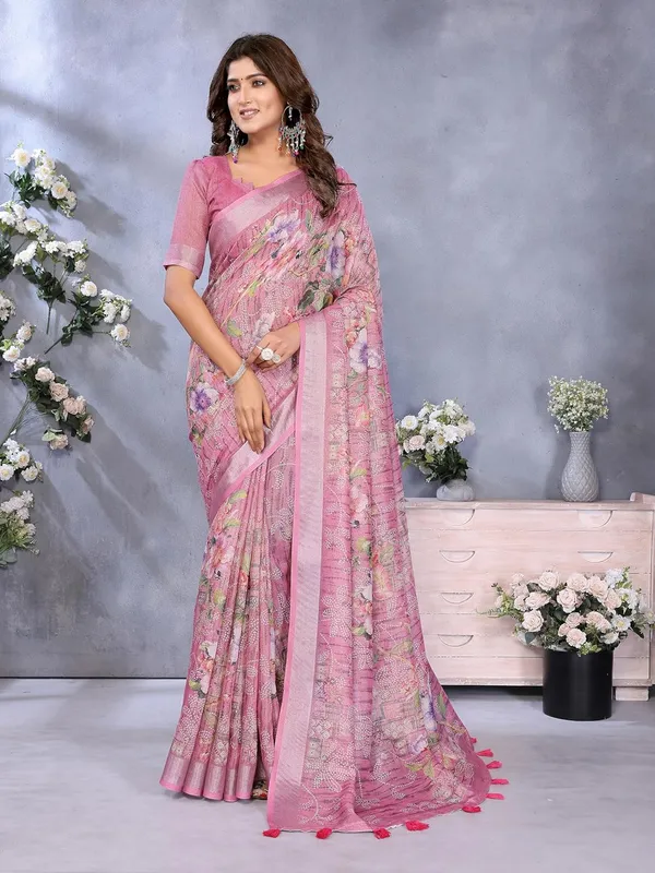Women's_Linen_Shimmer_Floral_Saree_for_Women_|_Lightweight_Printed_Linen-Shimmer_Sarees_|_For_Traditional,_Festive_&_Wedding_|_5.5m_Saree_+_0.8m_Blouse_(Light_Pink_Floral)