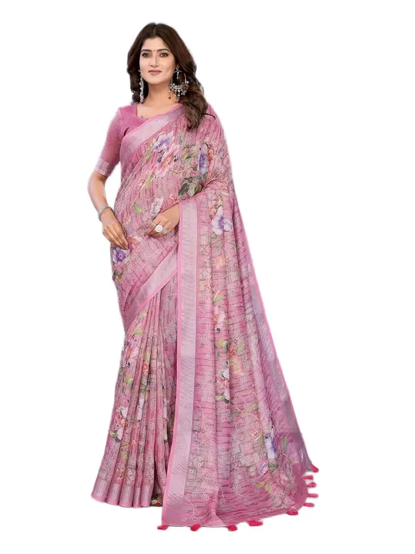 Women's_Linen_Shimmer_Floral_Saree_for_Women_|_Lightweight_Printed_Linen-Shimmer_Sarees_|_For_Traditional,_Festive_&_Wedding_|_5.5m_Saree_+_0.8m_Blouse_(Light_Pink_Floral)