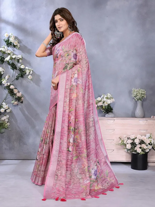 Women's_Linen_Shimmer_Floral_Saree_for_Women_|_Lightweight_Printed_Linen-Shimmer_Sarees_|_For_Traditional,_Festive_&_Wedding_|_5.5m_Saree_+_0.8m_Blouse_(Light_Pink_Floral)
