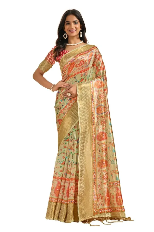 Women's_Elegant_Soft_Silk_Blend_Saree_with_Zari_Border_&_Designer_Printed_Pallu_for_Women_|_For_Traditional,_Festive_&_Wedding_|_5.5m_Saree_+_0.8m_Blouse_(Light_Olive_Green_&_Red-Orange)