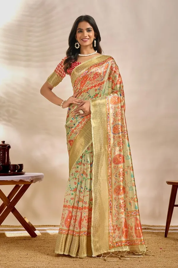 Women's_Elegant_Soft_Silk_Blend_Saree_with_Zari_Border_&_Designer_Printed_Pallu_for_Women_|_For_Traditional,_Festive_&_Wedding_|_5.5m_Saree_+_0.8m_Blouse_(Light_Olive_Green_&_Red-Orange)