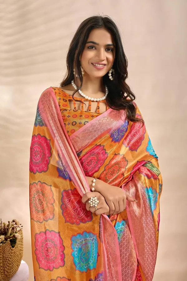 Women's_Elegant_Soft_Silk_Blend_Saree_with_Zari_Border_&_Designer_Printed_Pallu_for_Women_|_For_Traditional,_Festive_&_Wedding_|_5.5m_Saree_+_0.8m_Blouse_(Orange_&_Multicolor)