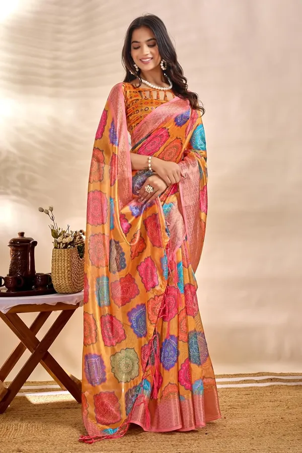 Women's_Elegant_Soft_Silk_Blend_Saree_with_Zari_Border_&_Designer_Printed_Pallu_for_Women_|_For_Traditional,_Festive_&_Wedding_|_5.5m_Saree_+_0.8m_Blouse_(Orange_&_Multicolor)