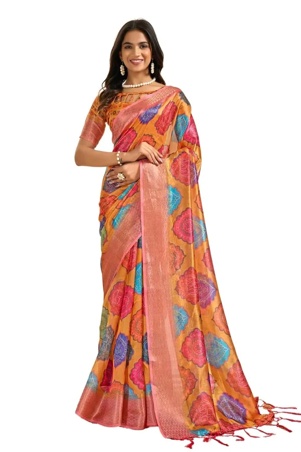 Women's_Elegant_Soft_Silk_Blend_Saree_with_Zari_Border_&_Designer_Printed_Pallu_for_Women_|_For_Traditional,_Festive_&_Wedding_|_5.5m_Saree_+_0.8m_Blouse_(Orange_&_Multicolor)