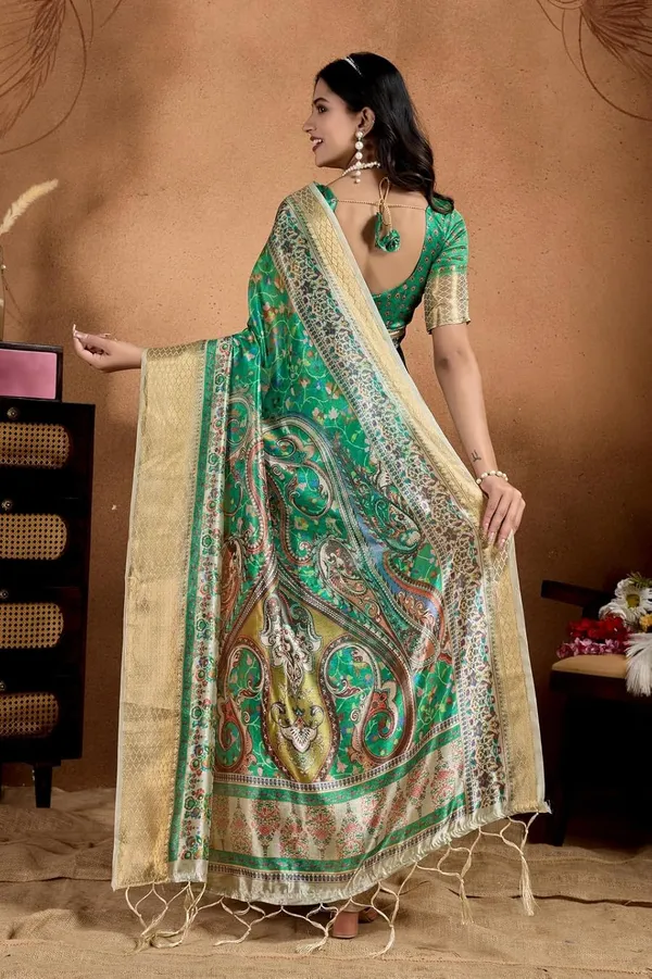 Women's_Elegant_Soft_Silk_Blend_Saree_with_Zari_Border_&_Designer_Printed_Pallu_for_Women_|_For_Traditional,_Festive_&_Wedding_|_5.5m_Saree_+_0.8m_Blouse_(Green_&_Gold)