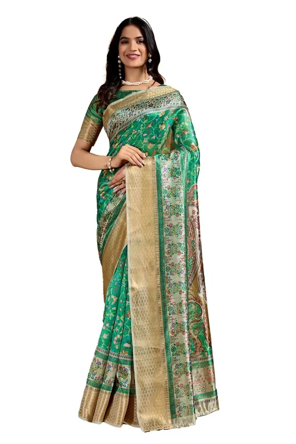 Women's_Elegant_Soft_Silk_Blend_Saree_with_Zari_Border_&_Designer_Printed_Pallu_for_Women_|_For_Traditional,_Festive_&_Wedding_|_5.5m_Saree_+_0.8m_Blouse_(Green_&_Gold)