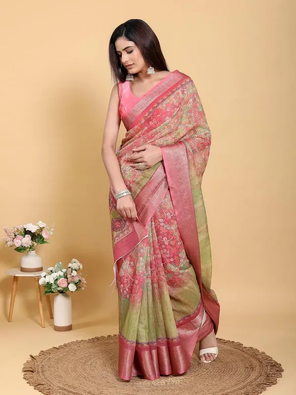 Women's_Linen_Cotton_Jacquard_Patta_Saree_with_Elegant_Weaving_Design_|_For_Traditional,_Festive_&_Wedding_|_Soft,_Breathable_&_Stylish_|_5.5m_Saree_+_0.8m_Blouse_Piece_(Pink_&_Green)