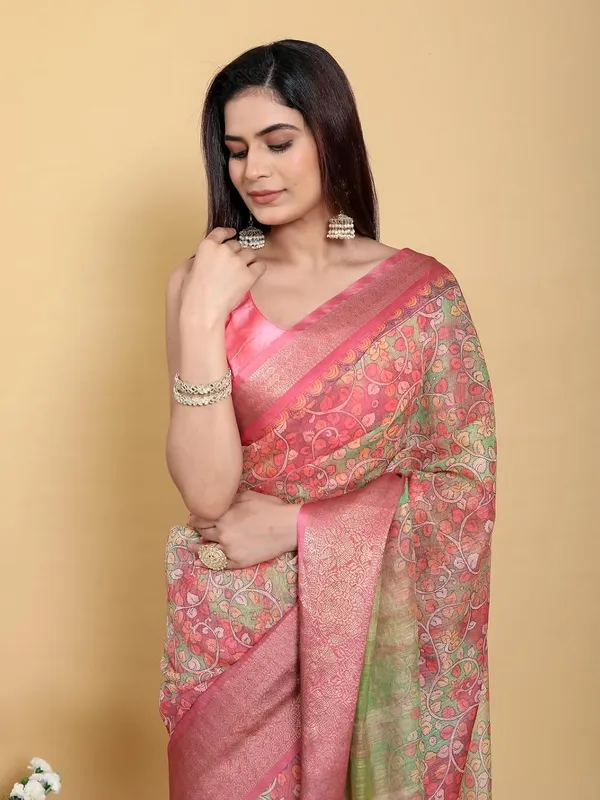 Women's_Linen_Cotton_Jacquard_Patta_Saree_with_Elegant_Weaving_Design_|_For_Traditional,_Festive_&_Wedding_|_Soft,_Breathable_&_Stylish_|_5.5m_Saree_+_0.8m_Blouse_Piece_(Pink_&_Green)