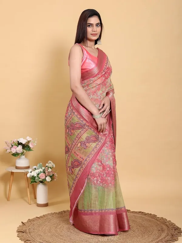 Women's_Linen_Cotton_Jacquard_Patta_Saree_with_Elegant_Weaving_Design_|_For_Traditional,_Festive_&_Wedding_|_Soft,_Breathable_&_Stylish_|_5.5m_Saree_+_0.8m_Blouse_Piece_(Pink_&_Green)