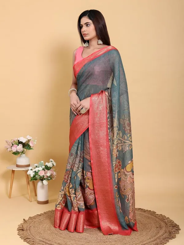 Women's_Linen_Cotton_Jacquard_Patta_Saree_with_Elegant_Weaving_Design_|_For_Traditional,_Festive_&_Wedding_|_Soft,_Breathable_&_Stylish_|_5.5m_Saree_+_0.8m_Blouse_Piece_(Blue_&_Grey_&_Pink)