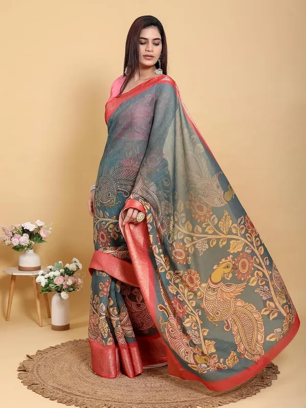 Women's_Linen_Cotton_Jacquard_Patta_Saree_with_Elegant_Weaving_Design_|_For_Traditional,_Festive_&_Wedding_|_Soft,_Breathable_&_Stylish_|_5.5m_Saree_+_0.8m_Blouse_Piece_(Blue_&_Grey_&_Pink)