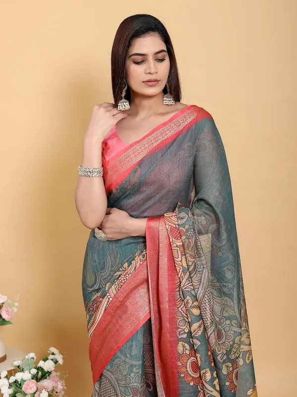 Women's_Linen_Cotton_Jacquard_Patta_Saree_with_Elegant_Weaving_Design_|_For_Traditional,_Festive_&_Wedding_|_Soft,_Breathable_&_Stylish_|_5.5m_Saree_+_0.8m_Blouse_Piece_(Blue_&_Grey_&_Pink)